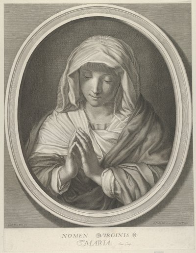 A Virgem em oração olhando para baixo, em uma moldura oval, depois de Reni, 1640-93. de François de Poilly