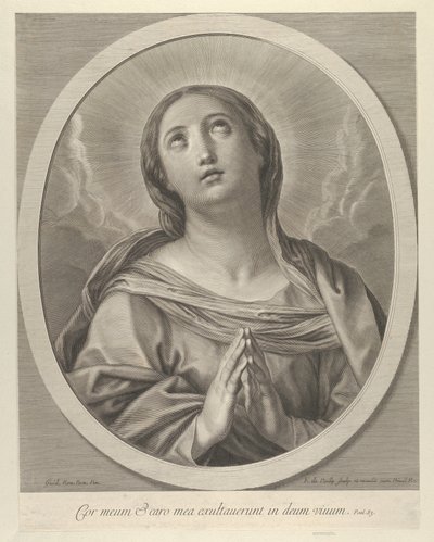 A Virgem em oração, olhando para cima com nuvens atrás dela, em uma moldura oval, depois de Reni, ..., 1648-81. de François de Poilly
