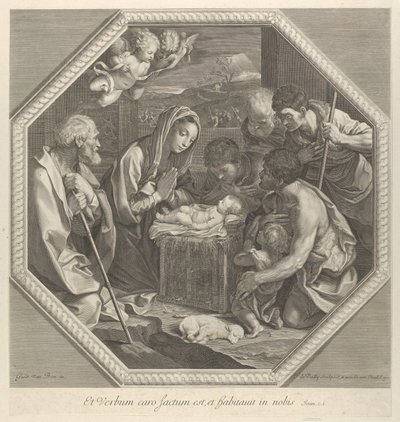 A adoração dos pastores que se ajoelham juntos diante do menino Cristo..., c. 1655-93. de François de Poilly
