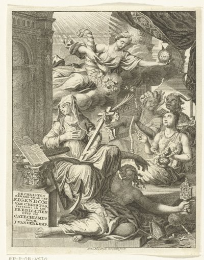 Alegoria com personificações femininas de, entre outras coisas, a verdade e virtudes e vícios Página de rosto para: Johannes van der Kemp, O cristão totalmente possuído por Cristo na vida e na morte, mostra em cinquenta e três sermões sobre o Santo de François van Bleyswijck