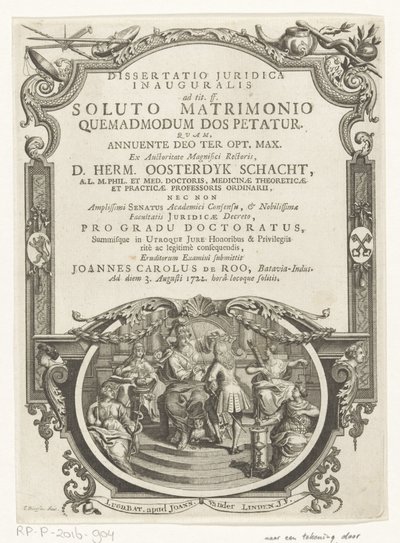 Minerva Lauwert Schrijver Título da página: Johannes Carolus de Roo, Dissertatio juridica inauguralis, ad tit. ss. depois de um casamento dissolvido, como é pedido o dote, 1722 de François van Bleyswijck