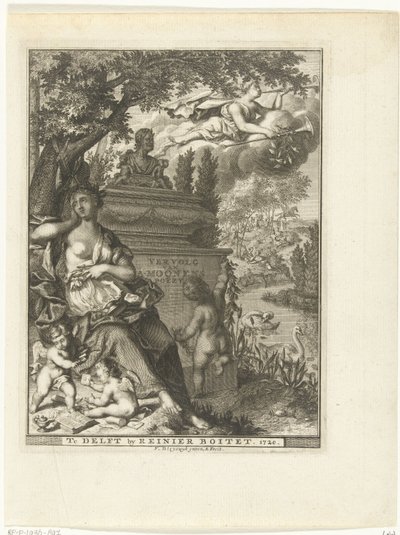 Musa e putti sentar-se no monumento de sepultura do poeta Arnold Moonen
Página de título para: Arnold Moonen, Vervolg der poëzye, Delft 1720
Continuação da Poesia de A. Moonen (título sobre o objecto) de François van Bleyswijck