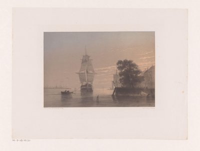 Veleiros em um cais ao pôr do sol de Frans Arnold Breuhaus de Groot