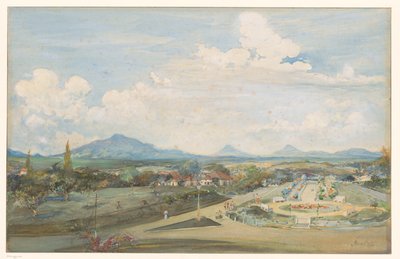 Tillemaplein em Semarang com Sindoro e os vulcões Soembing em segundo plano de Frans Bakker (signed by artist)