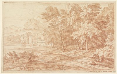 Paisagem com rio e ponte com torre redonda de Frans Boudewijns