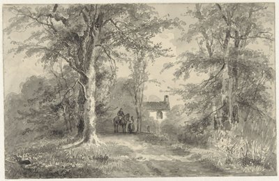 Avenida entre árvores com cavaleiro e mulher de Frans Breuhaus de Groot