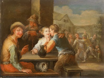 Um mendigo rindo de um casal namorando (óleo) de Frans Christoph Janneck
