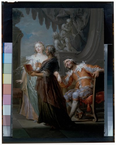 Um casal elegante com uma empregada idosa num interior de Frans Christoph Janneck