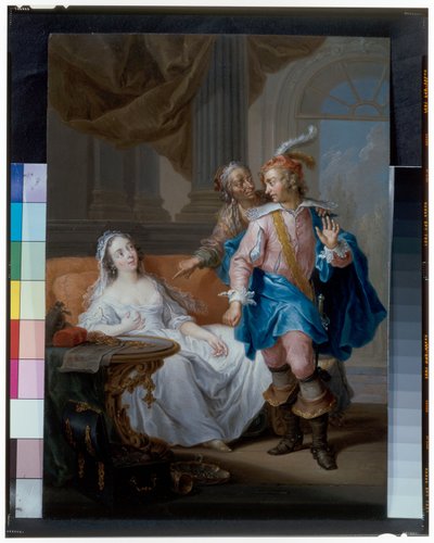 Um casal elegante com uma empregada idosa num interior de Frans Christoph Janneck