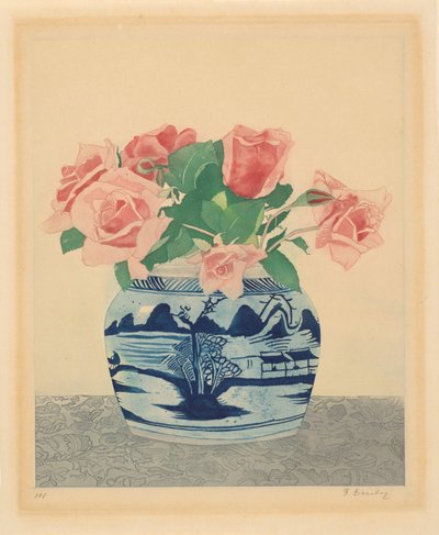 Rosas rosa num frasco de gengibre com decorações chinesas de Frans Everbag (signed by artist)