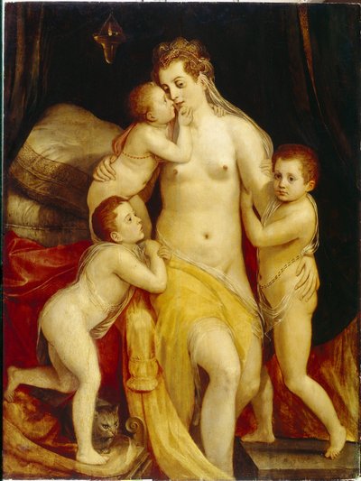Alegoria da Caridade. Três crianças com expressões compassivas aproximam-se ternamente da sua mãe com uma cara triste para a consolar. Pintura por Frans Floris a virilha (1519-1570), óleo sobre madeira. Arte holandesa de Frans Floris
