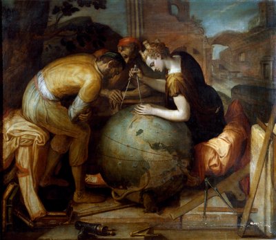 Geometria. Alegoria e personificação da Geometria segurando uma comppas acima de um globo terrestre. Diferentes instrumentos geométricos estão dispostos em primeiro plano. Pintura de Frans Floris (1515-1570). Arte flamenga. Coleção particular, Genes. de Frans Floris
