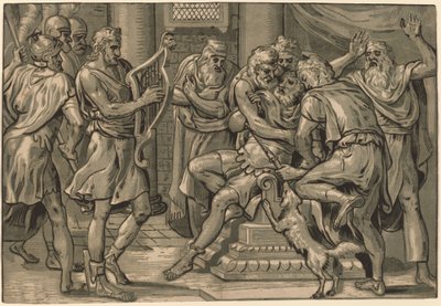 Davi tocando harpa diante de Saul de Frans Floris I