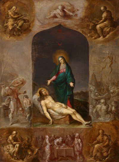 Pietà rodeada de grisalhas dos Quatro Evangelistas e de cenas do Antigo Testamento de Frans Francken the Younger