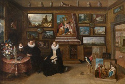 O Kunstkammer com um casal e seu filho, primeiro terço do século XVII. de Frans Francken the Younger
