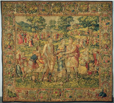 Rei Abimeleque restaura Sara a seu marido, Abraão, 1580 (tapeçaria, lã e seda) de Frans Geubels