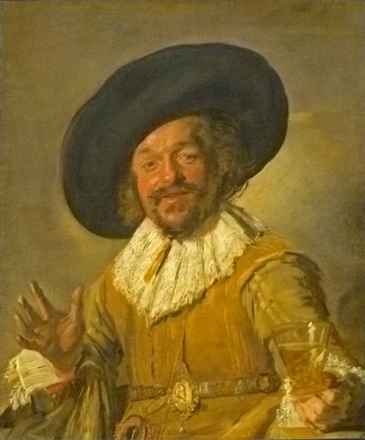 Um miliciano segurando um Berkemeyer, conhecido como o "bebedor alegre de Frans Hals