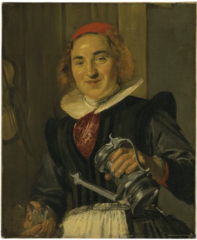 Jovem mulher segurando um copo e um garrafão de Frans Hals