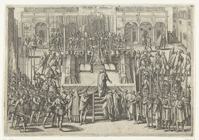 O cadafalso após a decapitação de Egmond e Horne, 1568 de Frans Hogenberg (attributed to)
