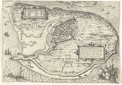 Mapa da ilha de Voorne e mapa de Brielle, 1572
Brilium, Holandiae opp. ob intestinum batavicum bellum, quod anno partae salutis M.D.LXXII. calend aprilis, hîc initium sumpsit, famosum (título sobre o objecto) de Frans Hogenberg