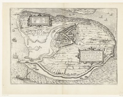 Mapa da ilha de Voorne e mapa de Brielle, 1572
Brilium, Holandiae opp. ob intestinum batavicum bellum, quod anno partae salutis M.D.LXXII. calend aprilis, hîc initium sumpsit, famosum (título sobre o objecto) de Frans Hogenberg