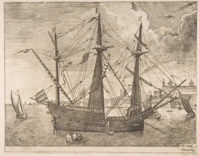 Três Mestres armados ancorados perto de uma cidade dos navios à vela, ca. 1555-56. de Frans Huys