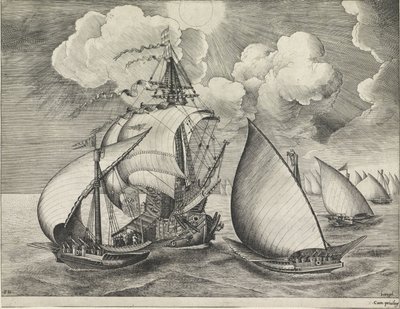 Uma frota de galeras armadas acompanhadas por um navio de guerra
Navios à vela (título da série) de Frans Huys