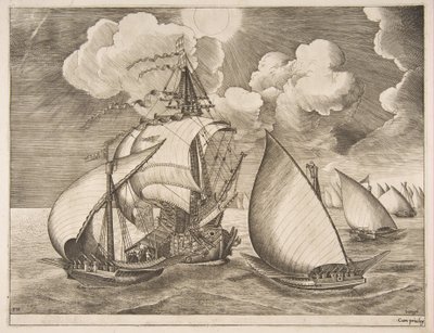 Frota de galés escoltada por uma caravela de The Sailing Vessels, 1561-65. de Frans Huys