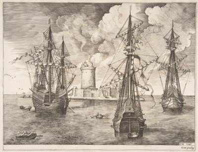 Quatro mestres e dois três mestres ancorados perto de uma ilha fortificada de The Sailing Ves ..., 1561-65. de Frans Huys
