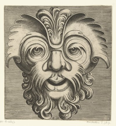 Máscara com barba e bigode com caracóis, um tufo de caracóis repousa sobre a raiz do nariz
Pourtraicture ingenieuse de plusieurs facons de masques... (título da série) de Frans Huys