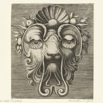 Máscara com olhos com vieiras e uma casca entre cachos de fruta na testa
Pourtraicture ingenieuse de plusieurs facons de masques... (título da série) de Frans Huys