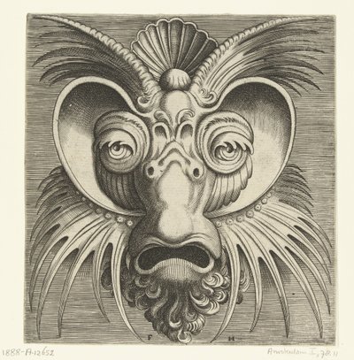 Máscara com pires à volta dos olhos e tufos pontiagudos nas bochechas e na testa
Pourtraicture ingenieuse de plusieurs facons de masques... (título da série) de Frans Huys