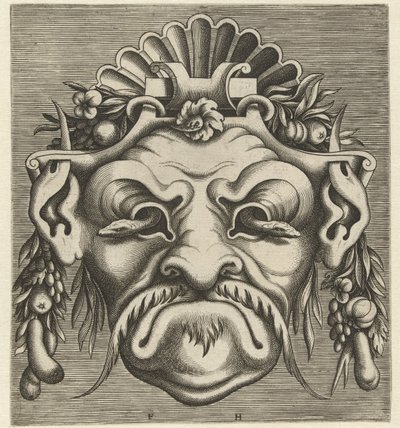 Máscara com duas serpentes olhando para fora das órbitas dos olhos
Pourtraicture ingenieuse de plusieurs facons de masques... (título da série) de Frans Huys