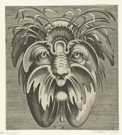Máscara com bochechas caídas e bigode, há gramíneas no cabelo Pourtraicture ingenieuse de plusieurs facons de masques… (título da série) de Frans Huys