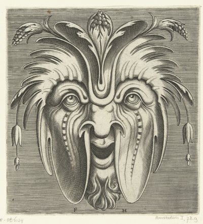 Máscara com bochechas flácidas e cachos de bagas no cabelo
Pourtraicture ingenieuse de plusieurs facons de masques... (título da série) de Frans Huys