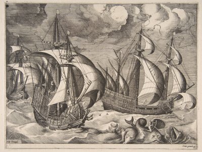 Três caravelas em uma rajada crescente com Arion em um golfinho de The Sailing Vessels, 1561-65. de Frans Huys
