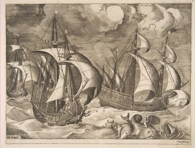 Três caravelas em uma rajada crescente com Arion em um golfinho de The Sailing Vessels, 1561-65. de Frans Huys