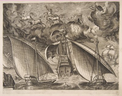 Duas galeras navegando atrás de um três mestres armados com Phaeton e Júpiter no céu, f ..., 1561-65. de Frans Huys