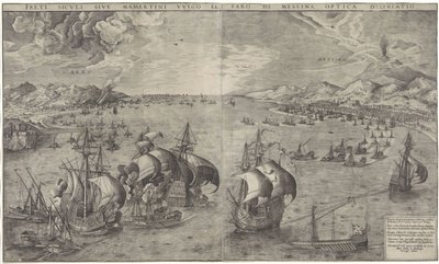 Zeeslag na Straat van Messina Um desenho óptico da costa siculi ou mamertina vulgo e o farol de Messina (título no objeto) de Frans Huys