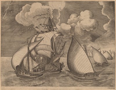 Uma frota de galés escoltada por uma caravela de Frans Huys after Pieter Bruegel the Elder
