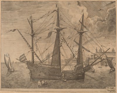 Três Mestres Armados Ancorados Perto de uma Cidade de Frans Huys after Pieter Bruegel the Elder