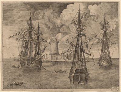 Quatro Mestres (Esquerda) e Dois Três Mestres Ancorados perto de uma Ilha Fortificada com um Farol de Frans Huys after Pieter Bruegel the Elder