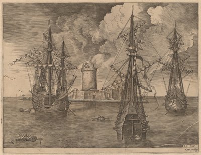 Quatro Mestres (Esquerda) e Dois Três Mestres Ancorados Perto de uma Ilha Fortificada com um Farol de Frans Huys after Pieter Bruegel the Elder
