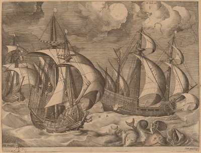 Três caravelas em uma tempestade crescente com Adrion em um golfinho de Frans Huys after Pieter Bruegel the Elder