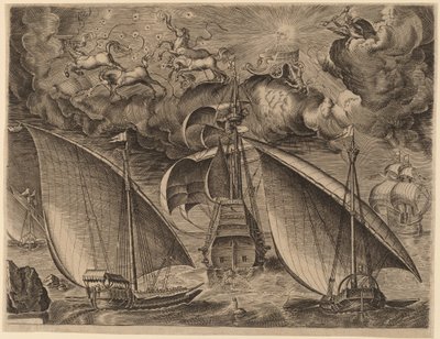Duas galeras atrás de um três-mestre armado com Phaethon e Júpiter no céu de Frans Huys after Pieter Bruegel the Elder