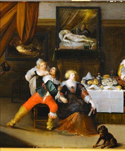 Cena de sociedade, um quadro de Danae na parede do fundo (pintura em madeira de carvalho) de Frans III Francken