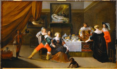 Cena de sociedade, um quadro de Danae na parede do fundo (pintura em madeira de carvalho) de Frans III Francken