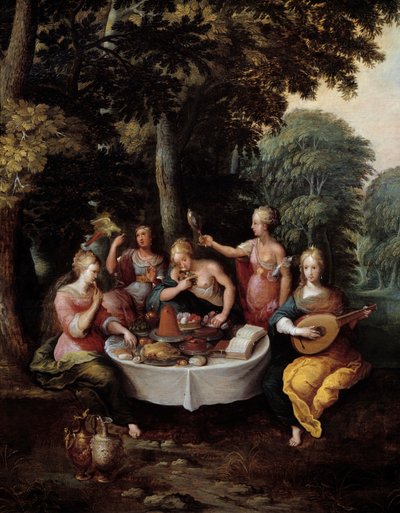 Os cinco sentidos mulheres jovens numa paisagem com banquete (gosto), música (ouvir), espelho (ver), bouquet de flores (cheiro) e carinho (toque). Detalhe. Pintura de Franz (Frans) Francken II le Jeune (1581-1642) de Frans II Francken