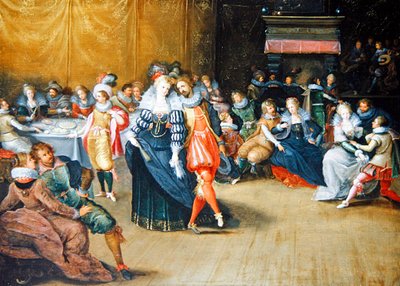 Uma Cena de Banquete (óleo e dourado no painel) de Frans II the Younger (attr. to) Francken