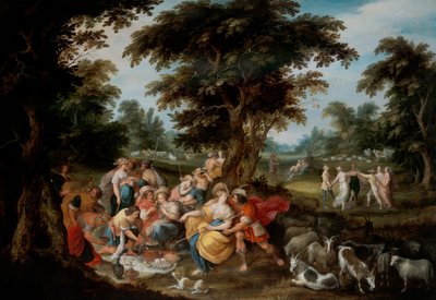 Arcádia: uma paisagem pastoral com pastores e pastoras a fazer piqueniques de Frans II the Younger Francken